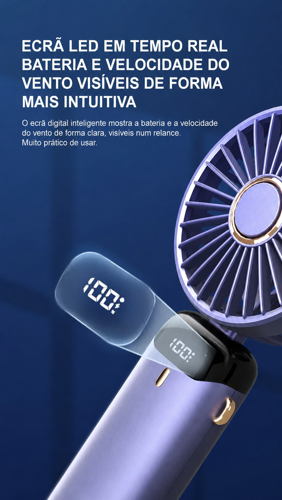 Mini Ventilador Portátil de Mão Dobrável para Pescoço, 5 Velocidades, USB Recarregável com Suporte para Telemóvel e Ecrã, 1800mAh